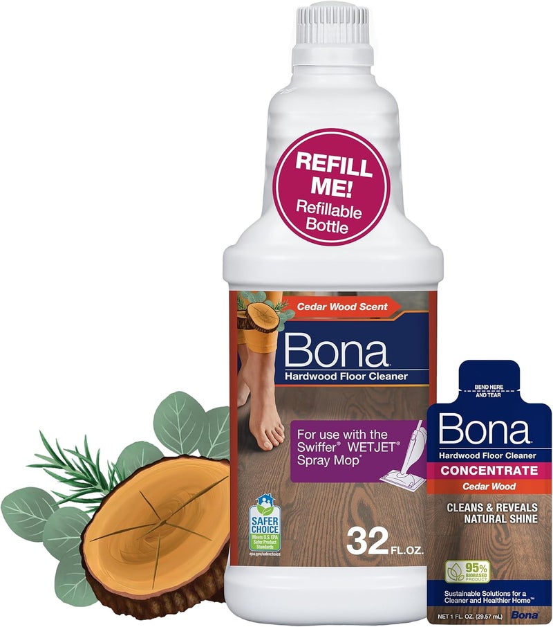 BONA زجاجة منظف الأرضيات الخشبية للاستخدام مع ممسحة سويفر WETJET، برائحة خشب الأرز، تصنع 64 أونصة سائلة - تشمل زجاجة مليئة + إعادة تعبئة مركزة لتنظيف الأرضيات الخشبية - Image 1